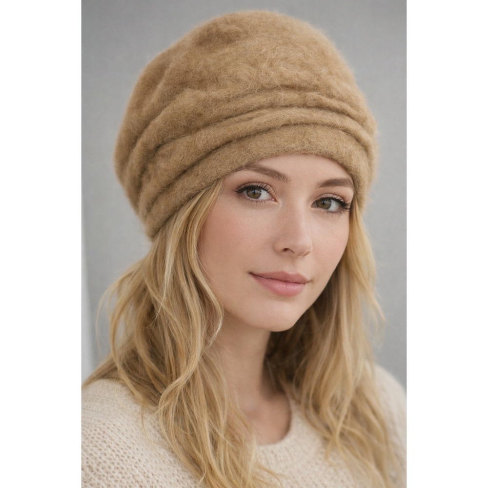 Vintage‎ Made in France Angora Wool Blend Pleated Turban Beanie Hat Camel Tan